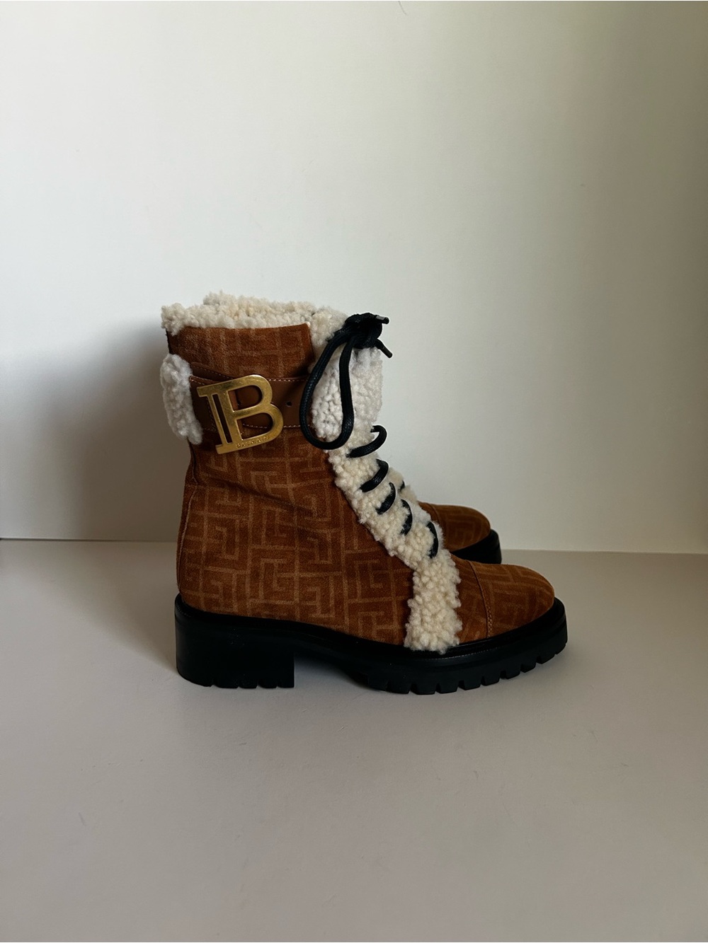 Balmain Brown & Cream Shearling Lace-Up Combat Boots